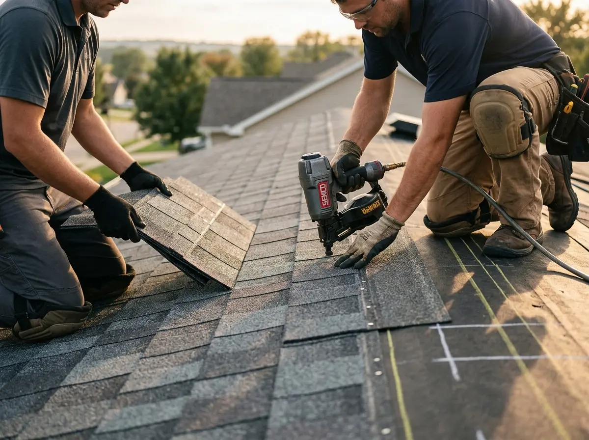 Professional roofer working on a residential roof in Reserve